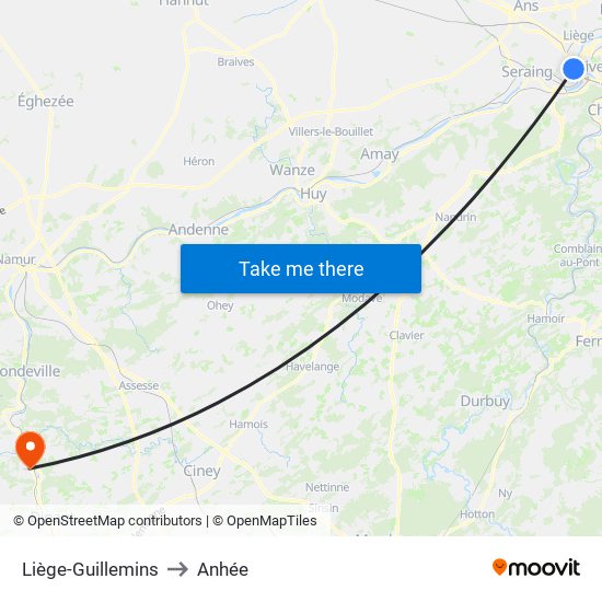 Liège-Guillemins to Anhée map
