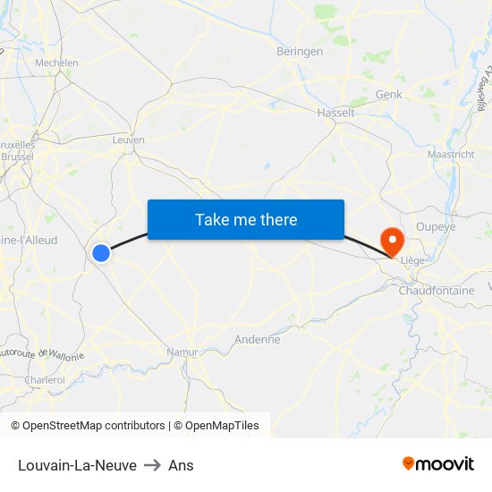 Louvain-La-Neuve to Ans map