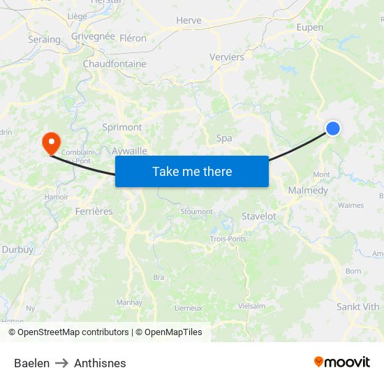 Baelen to Anthisnes map