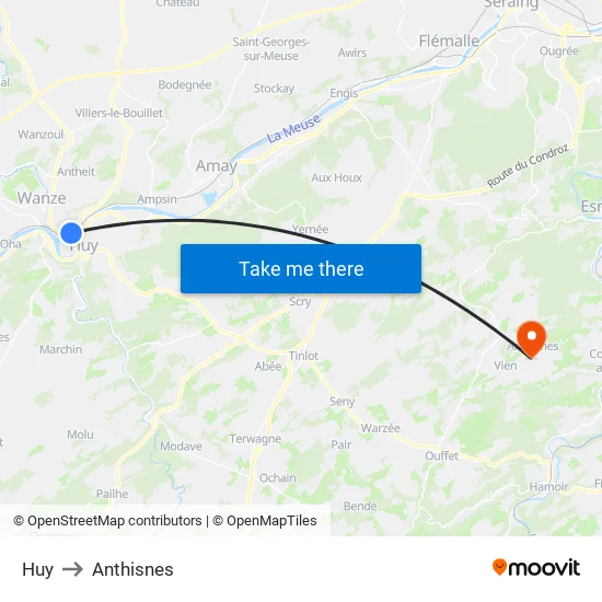 Huy to Anthisnes map