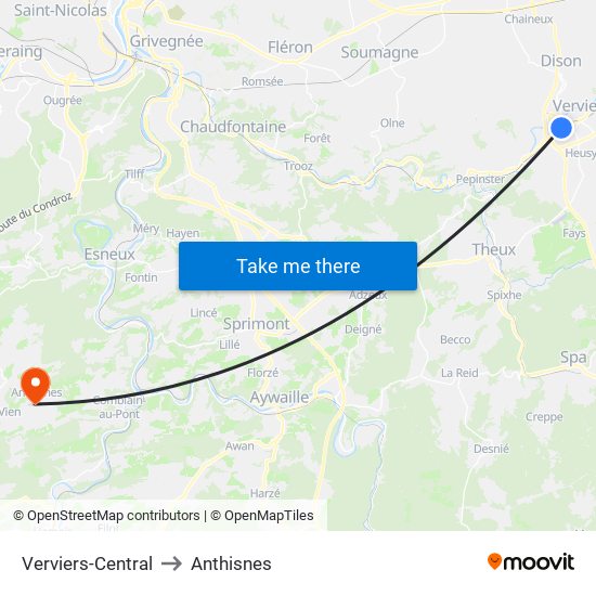 Verviers-Central to Anthisnes map