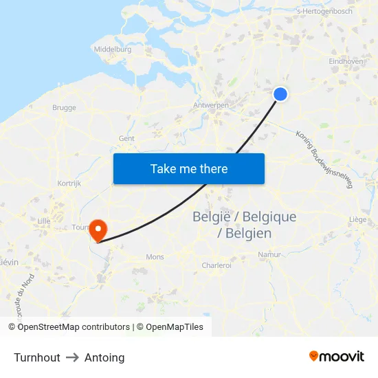 Turnhout to Antoing map