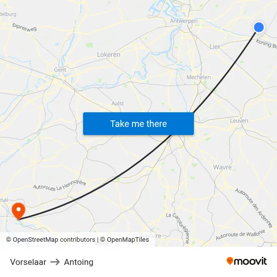 Vorselaar to Antoing map