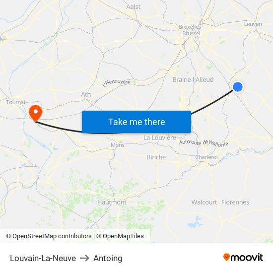 Louvain-La-Neuve to Antoing map