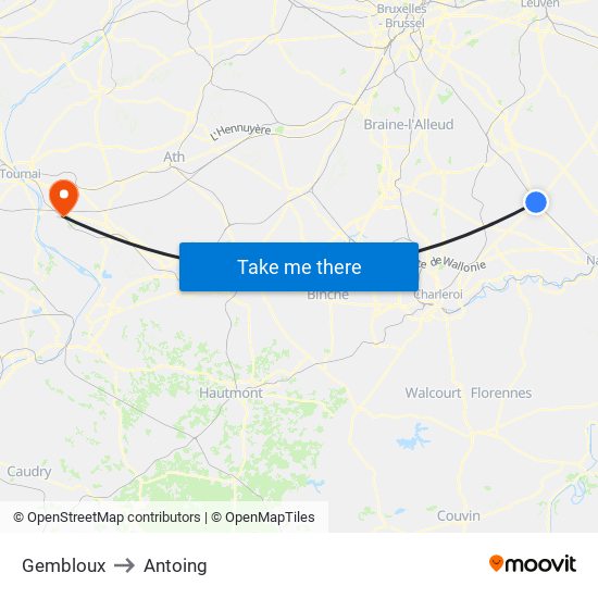Gembloux to Antoing map