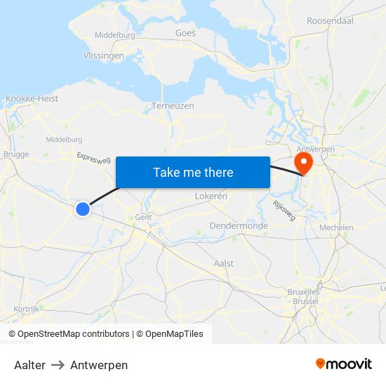 Aalter to Antwerpen map