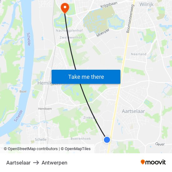 Aartselaar to Antwerpen map