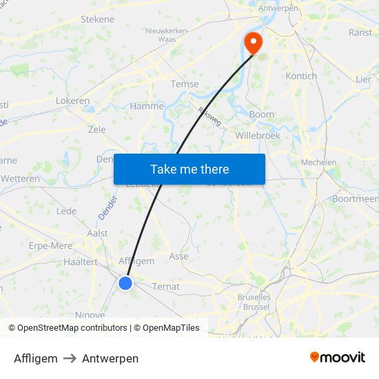 Affligem to Antwerpen map