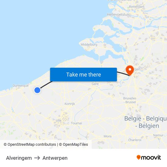 Alveringem to Antwerpen map
