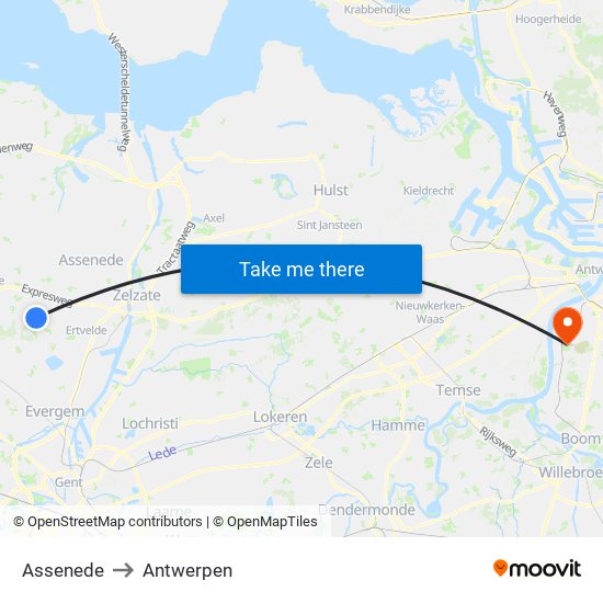 Assenede to Antwerpen map