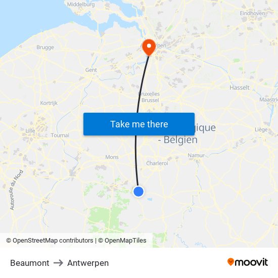 Beaumont to Antwerpen map