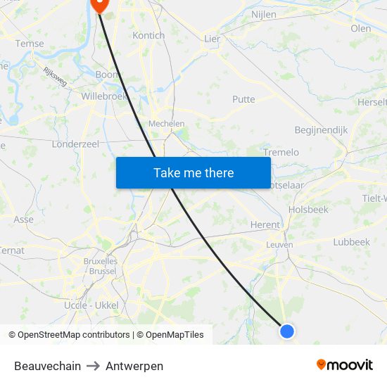 Beauvechain to Antwerpen map