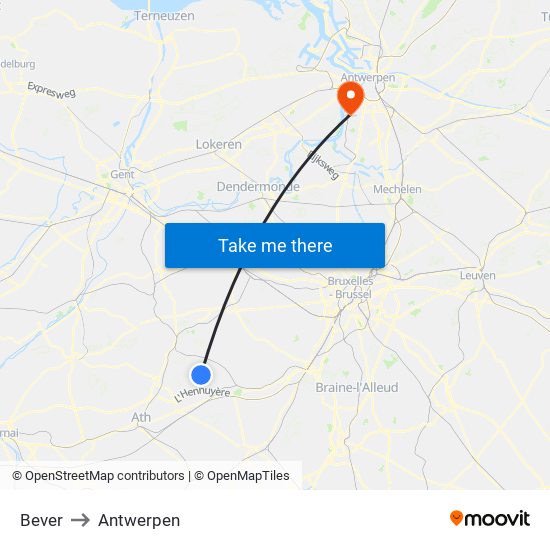 Bever to Antwerpen map