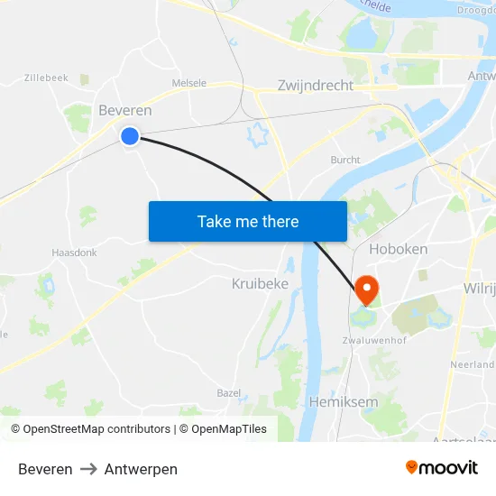 Beveren to Antwerpen map