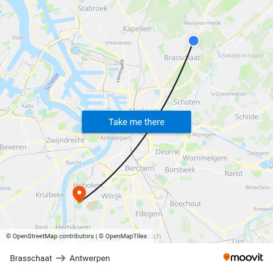 Brasschaat to Antwerpen map
