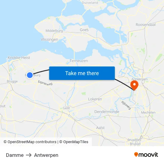 Damme to Antwerpen map
