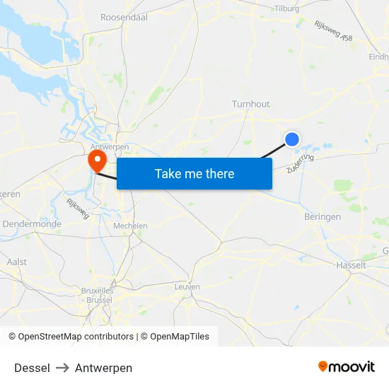 Dessel to Antwerpen map