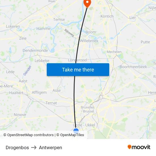 Drogenbos to Antwerpen map