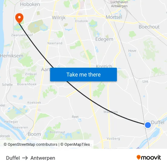 Duffel to Antwerpen map
