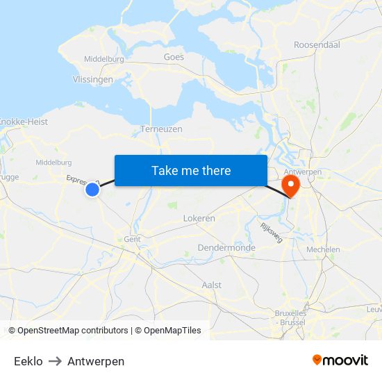 Eeklo to Antwerpen map