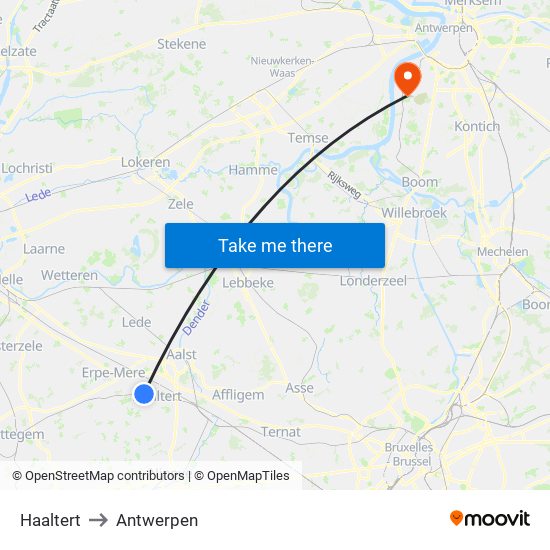 Haaltert to Antwerpen map