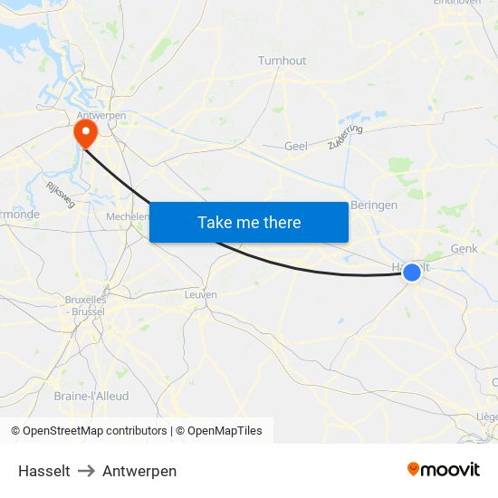 Hasselt to Antwerpen map