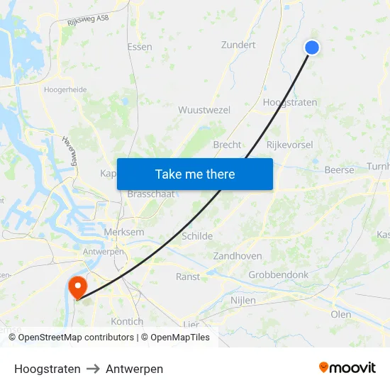 Hoogstraten to Antwerpen map