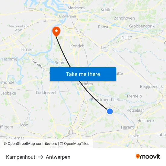 Kampenhout to Antwerpen map