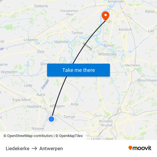 Liedekerke to Antwerpen map