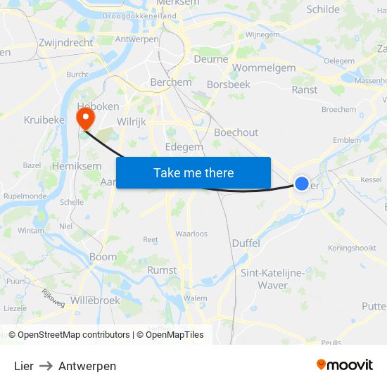 Lier to Antwerpen map
