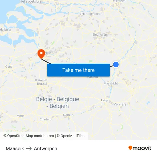 Maaseik to Antwerpen map