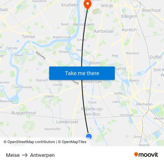 Meise to Antwerpen map