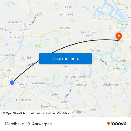 Merelbeke to Antwerpen map