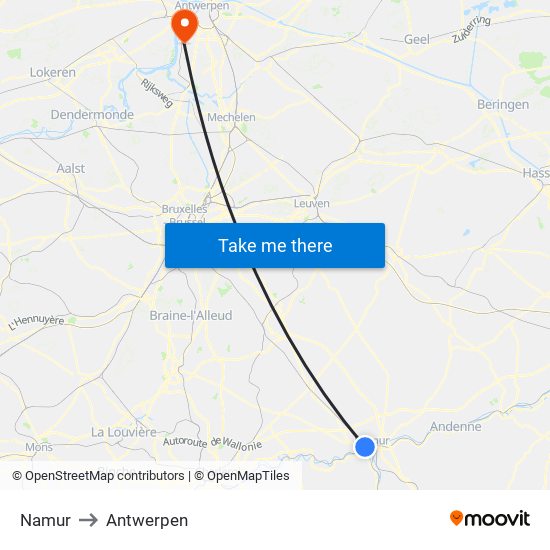 Namur to Antwerpen map