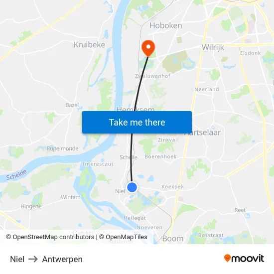 Niel to Antwerpen map