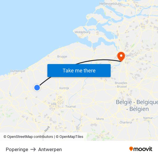Poperinge to Antwerpen map