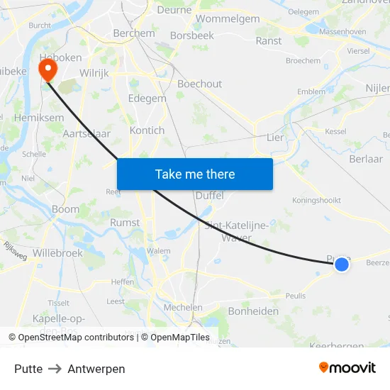 Putte to Antwerpen map