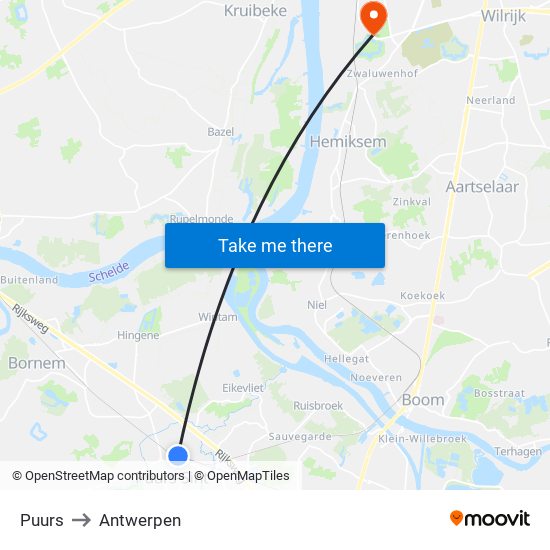 Puurs to Antwerpen map