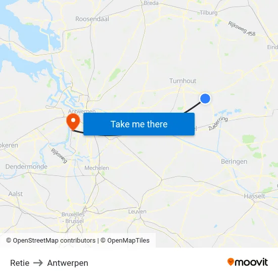 Retie to Antwerpen map