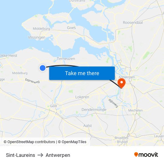 Sint-Laureins to Antwerpen map