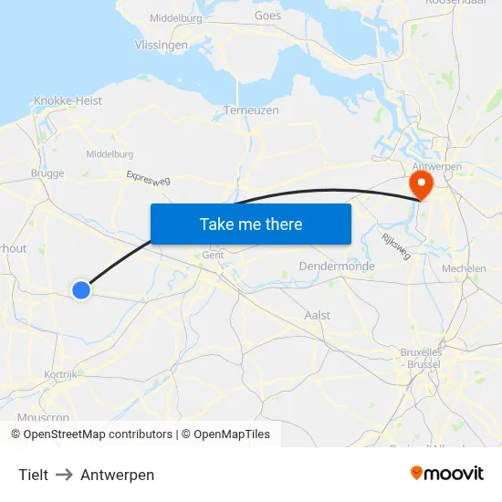 Tielt to Antwerpen map