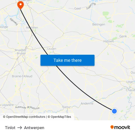 Tinlot to Antwerpen map