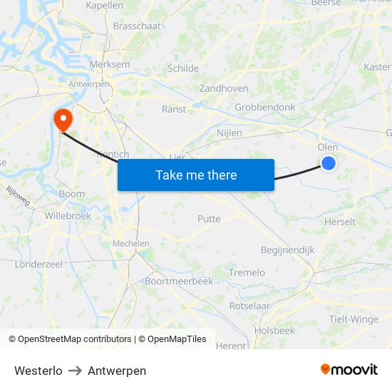 Westerlo to Antwerpen map