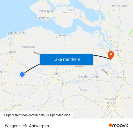 Wingene to Antwerpen map