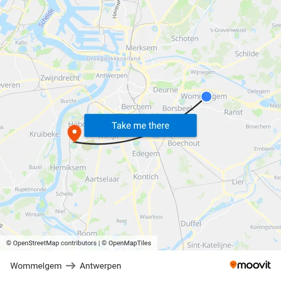 Wommelgem to Antwerpen map