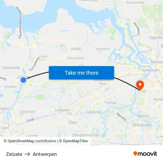 Zelzate to Antwerpen map