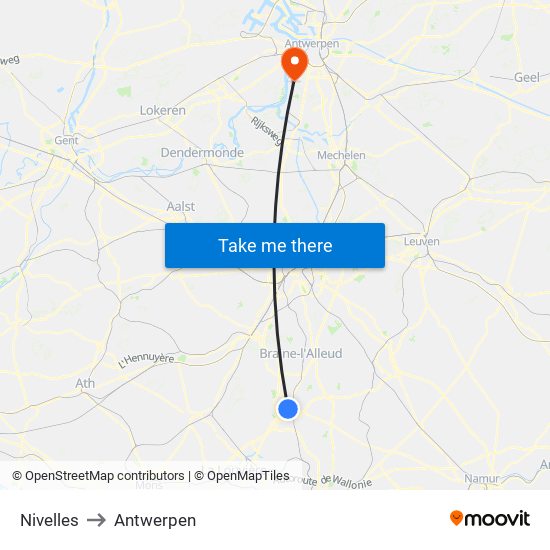 Nivelles to Antwerpen map
