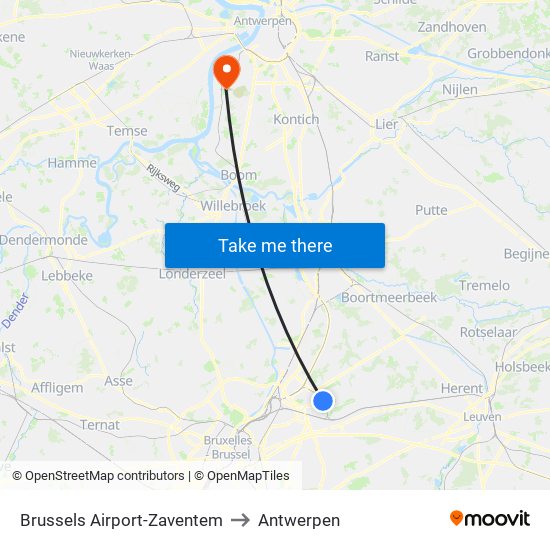 Brussels Airport-Zaventem to Antwerpen map