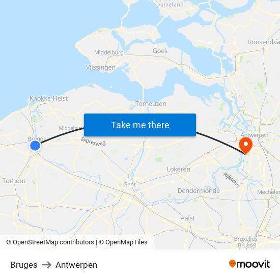 Bruges to Antwerpen map