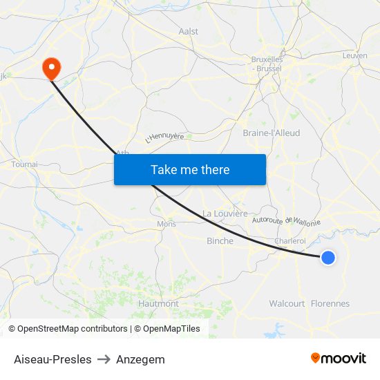 Aiseau-Presles to Anzegem map